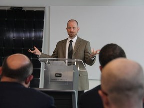 Derek Satnik, vice president of sustainable technology at S2E Technologies, was in London Friday speaking about some of the findings included in a report looking at steps municipalities can take to spark interest in developers to create net-zero communities. JONATHAN JUHA/THE LONDON FREE PRESS