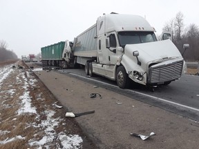 A trucker was killed in this rear end crash on Highway 401, west of Victoria Road on Monday, March 4, 2019. (Hand out photo)