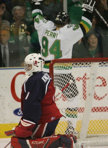 London Knight Corey Perry celebrates after scoring on Windsor Spitfire netminder Kyle Knechtel in the first period of their OHL playoff game at the John Labatt Centre in London, Ontaro on Wednesday, April 13, 2005.