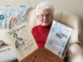 Win Miller, who turns 100 on Thursday, March 7, 2019, displays the plaque she received upon retiring after 25 years as a reporter with The London Free Press, serving as bureau chief in Chatham. 
(Ellwood Shreve/Postmedia Network)
