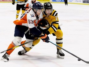 Sarnia Sting's Colton Kammerer (77) battles Flint Firebirds' Ty Dellandrea (53) in the second period at Progressive Auto Sales Arena in Sarnia, Ont., on Sunday, March 17, 2019. (Mark Malone/Chatham Daily News/Postmedia Network)