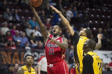 Windsor's Chris Jones drives to the basket in National Basketball League of Canada action between the Windsor Express and the London Lightning at the WFCU Centre, Wednesday. (DAX MELMER/Postmedia News)