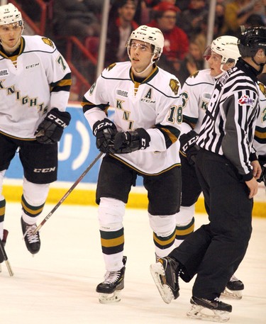 London Knights Alec Regular, Liam Foudy and Riley Coome celebrate their first goal against Soo Greyhoundsduring first-period Ontario Hockey League action at GFL Memorial Gardens in Sault Ste. Marie, Ont., on Friday,March 15, 2019. (BRIAN KELLY/THE SAULT STAR/POSTMEDIA NETWORK)