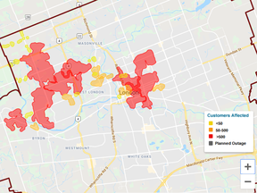 An online London Hydro map illustrates the widespread power outages affecting 25,000 customers as of about 8:30 a.m. Wednesday. It appears many of the west- and north-end issues were fixed by shortly after 9 a.m.