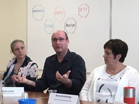 Brian Lester, who runs the temporary overdose prevention site in London, speaks about changes being made to help homeless Londoners find a place to rest at all hours of the day, not just when emergency shelters open at night. The Unity Project’s Chuck Lazenby (left) and Anne Armstrong from London Cares (right) look on during a meeting of community agencies and city hall officials. (MEGAN STACEY/ The London Free Press)