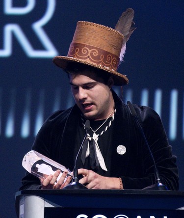 Jeremy Dutcher won the Juno for Indigenous Music Album of the Year in London, Ont. on Saturday March 16, 2019. Derek Ruttan/The London Free Press/Postmedia Network