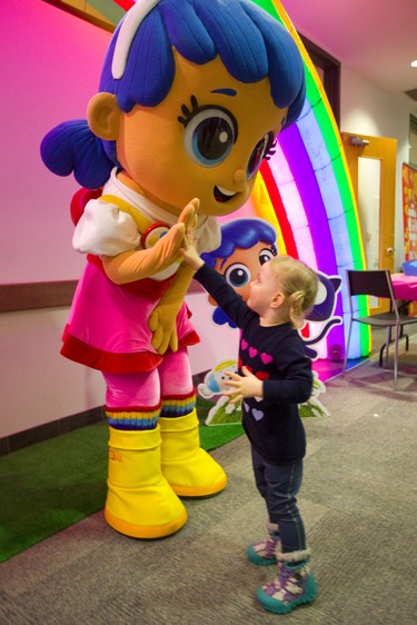 Danica Campbell, 2, of London high-fives the cartoon character True at the Wolfe Performance Hall on Saturday March 16, 2019 at the Junior Junos concert. The family-friendly concert featured Beppie, Ginalina, Sonshine and Broccoli and ended with the fan favourites Splash'N Boots.
Mike Hensen/The London Free Press/Postmedia Network