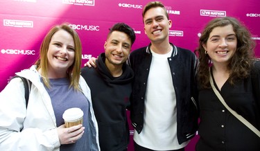 Ashley Wiseman and Gabriella Learn pose with Western University alumni Loud Luxury, made up of Joe Depace and Andrew Fedyk, at the Juno Fan Fare at Masonville Place mall in London, Ont. Long lines of fans were on hand to be photographed with nominees such as Loud Luxury, Killy, the Reklaws and the Washboard Union. Photograph taken on Saturday March 16, 2019. Mike Hensen/The London Free Press/Postmedia Network