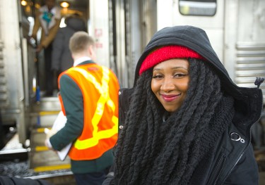 Chelsea Stewart, who is nominated for the Juno for reggae recording of the year, gets off the Juno Express at London's Via Rail station. (Mike Hensen/The London Free Press)