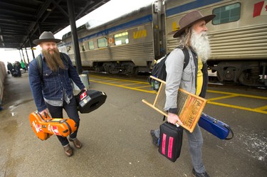 Chris Duncombe and David Roberts of Washboard Union head to the  Via Rail station after riding the Juno Express into London on Friday March 15, 2019, matches Megan Stacey. Mike Hensen/The London Free Press/Postmedia Network