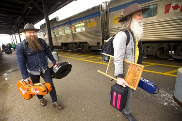 Chris Duncombe and David Roberts of Washboard Union head to the  Via Rail station after riding the Juno Express into London on Friday March 15, 2019, matches Megan Stacey. Mike Hensen/The London Free Press/Postmedia Network