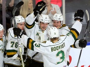 Cole Tymkin of the Knights (#15) celebrates with teammates Matthew Timms, Billy Moskal, Adam Boqvist and Josh Nelson. (Fil ephoto)