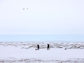 People walk on the frozen waters of Laker Erie at the beach in Port Stanley, Ont. on Sunday March 3, 2019. (Derek Ruttan/The London Free Press)