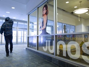 Juno ads at the London Public Library announce the upcoming Canadian music awards being held at Budweiser Gardens with Sarah McLachlan as host. (Mike Hensen/The London Free Press)