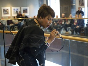 Lorraine Klaasen, the 2013 Juno winner for World Music Album, performs during a free noon-hour concert at One London Place in London on Monday. More free noon concerts will be held -- Tuesday (DJ Khardiac), Wednesday (The Heartaches Stringboard) and Thursday (Ivory Hours) -- in celebration of Juno Week as London hosts the awards show. (Derek Ruttan/The London Free Press)