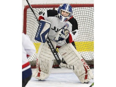 Juno Cup player Tally Ferraro of the band Ferraro makes a save during a scrimmage on Thursday March 14, 2019 in London. The Juno Cup is an annual celebrity fundraising hockey game in support of MusiCounts, Canada's music education charity. The game, featuring musicians, former NHL players and members of the national women's hockey team, will take place Friday, March 15 at the Western Fair Sports Centre. (Derek Ruttan/The London Free Press)