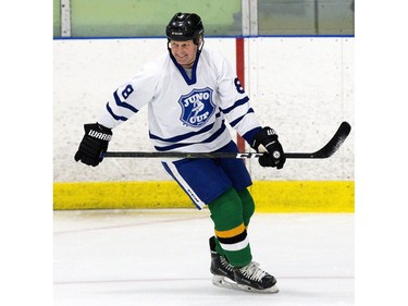 Former Calgary Flame and Toronto Maple Leaf Gary Roberts enjoys a moment during a Juno Cup scrimmage on Thursday March 14, 2019 in London. The Juno Cup is an annual celebrity fundraising hockey game in support of MusiCounts, Canada's music education charity. The game, featuring musicians, former NHL players and members of the national women's hockey team, will take place Friday, March 15 at the Western Fair Sports Centre. (Derek Ruttan/The London Free Press)