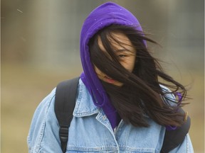 Chuyao Cai, 21, a Western University student from China, has her vision obscured by the strong winds blowing her hair around as she walks through campus in London on Friday.  (Mike Hensen/The London Free Press)