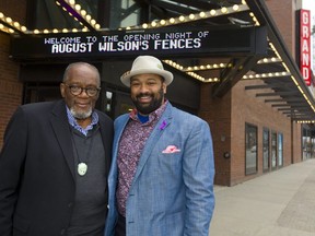 Herb Smith stands with his son E. B. Smith who is performing as Jim Bono in August Wilson's Fences at the Grand Theatre in London.  (Mike Hensen/The London Free Press)