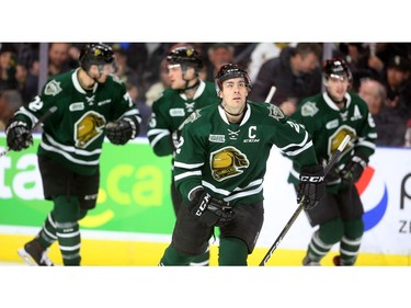 London Knight Evan Bouchard heads to the bench after scoring the first goal of the playoff game vs. the Windsor Spitfires at Budweiser Gardens in London on Friday. (Mike Hensen/The London Free Press)