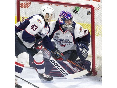 Windsor Spitfire defencemen Louka Henault watches the puck come very close to going past goalie Colton Incze during the first period of Game 2 at Budweiser Gardens in London on Sunday.  (Derek Ruttan/The London Free Press)