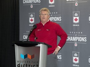 Ian Tetley, vice chair of Curling On speaks at a press conference announcing that London will be part of the 2020 Continental Cup. (Derek Ruttan/The London Free Press)