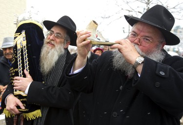 Menachem Block carries the just finished Torah scroll, in a jubilant parade from Alumni Hall at Western on Sunday, March 31, 2019 to Chabad House on Richmond Street. The scroll was dedicated to Yitzchok Block and his wife Laya, prominent members of the Jewish community in London who founded Chabad House at Western and the London Community Hebrew Day School.  Rabbi Yerachmiel Zalmanov blows a rams horn as people were dancing and singing throughout the processional. Mike Hensen/The London Free Press/Postmedia Network