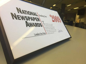 The London Free Press has been nominated for six National Newspaper Awards in the past five years. Photo of this plaque from a 2009 nomination taken Monday March 18, 2019.