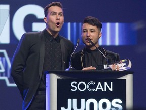 London's very own Loud Luxury (Andrew Fedyk, left, and Joe Depace) won the Juno for dance recording of the year for their hit song "Body" in London, Ont. on Saturday March 16, 2019. Derek Ruttan/The London Free Press/Postmedia Network