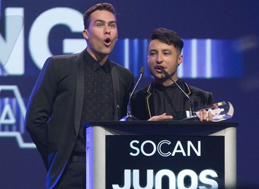 London's very own Loud Luxury (Andrew Fedyk, left, and Joe Depace) won the Juno for dance recording of the year for their hit song "Body" in London, Ont. on Saturday March 16, 2019. Derek Ruttan/The London Free Press/Postmedia Network