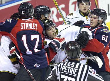 Things get rowdy between Windsor Spitfires and London Knights in the second period of their OHL hockey game at Budweiser Gardens in London, Ont. on Friday October 2, 2015.  Derek Ruttan/The London Free Press/Postmedia Network