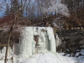 The ice at the Rock Glen waterfall is giving way to a babbling river that attracts migrating phoebes and towhees. (PAUL NICHOLSON/SPECIAL TO POSTMEDIA NEWS)