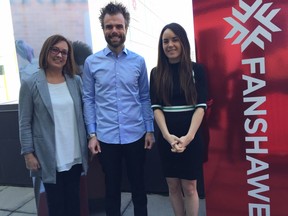 Fanshawe College and tbk have announced a first-of-its-kind scholarship designed to encourage  women to enter the field of technology. From left Michelle Giroux, Andrew Schiestel and Kylie McConnell. (HEATHER RIVERS, The London Free Press)