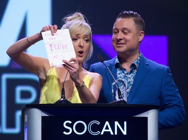 Splash'N Boots (Taes Leavitt and Nick Adams) won the Children's Album of the Year in London, Ont. on Saturday March 16, 2019.  Leavitt wrote her acceptance speech on the back of note passed to her by a fan Saturday morning. Derek Ruttan/The London Free Press/Postmedia Network