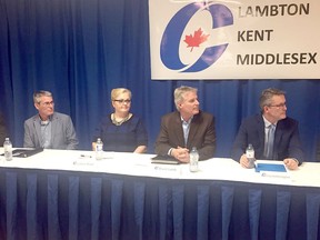 Lianne Rood, shown in this file photo seated at a debate with the other candidates, has been nominated to run as the Conservative Party candidate in Lambton-Kent-Middlesex in the upcoming federal election. The results of a vote by party members was announced Saturday in Strathroy.