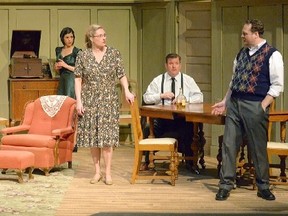Newfoundland’s entry into Confederation is the underlying theme of David French’s play, 1949, on stage at the Palace Theatre in preview Thursday and opening Friday. From left, the play stars Jeanne Mersereau (Aunt Rachel), David Pasquino (Jerome McKenzie), Ashley Grech  (Dot Roach), Jules Foster (Mary Mercer), Stephen Flindall (seated as Wiff Roach) and Andre Cormier (Jacob Mercer). Ross Davidson.