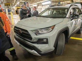 The new Toyota Rav 4 sits in the company's plant in Cambridge, Ont., Friday, March 29, 2019. THE CANADIAN PRESS/ Geoff Robins
