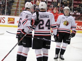 Nolan Seed, Maksim Sushko and Kaleb Pearson celebrate Sushko's first period goal Thursday night inside the GFL Memorial Gardens in Sault Ste. Marie as the Owen Sound Attack and Sault Ste. Marie Greyhounds play Game 1 of their Western Conference quarterfinal. Brian Kelly/Postmedia Network