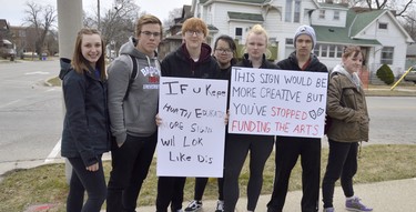 Hundreds of students from Great Lake Secondary School brought signs and slogans over to the nearby Lambton-Kent District School Board building on Wellington Street in Sarnia Thursday. Their protest echoed others around the province, part of the #StudentsSayNo walkout to protest government cuts to public education. (Louis Pin/The Observer)