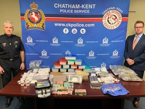 Handout Chatham-Kent police Chief Gary Conn, left, and Insp. Trevor Crane are shown with the largest drug seizure in the municipality's history.