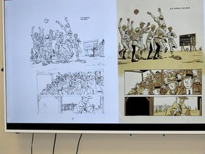 Cartoonist Scott Chantler describes how he depicted some fans as happy and others not when creating this panel that appears in a 10-page comic book on the Chatham Colored All-Stars who won Chatham's first Ontario Baseball Association championship in 1934, during a presentation at the Chatham-Kent Public Library in Chatham, Ont. on Saturday April 27, 2019. (Ellwood Shreve/Chatham Daily News)