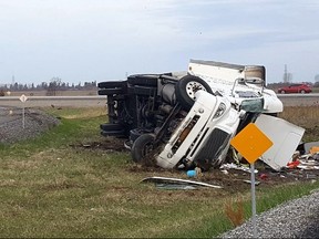 Handout/Chatham Daily News Chatham-Kent OPP are investigating a serious single vehicle rollover that happened around 6 a.m. Monday, April 29, 2019 in the eastbound lanes of Highway 401 on the off ramp to Kent Bridge Road. The lone occupant driver has been airlifted to hospital for treatment of non-life threatening injuries sustained in the collision.