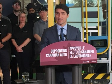 Justin Trudeau at Toyota in Cambridge. (NORMAN DE BONO, The London Free Press)