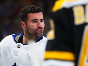 Nazem Kadri of the Toronto Maple Leafs reacts after a fight with Jake DeBrusk of the Boston Bruins in Game Two of the Eastern Conference First Round during the 2019 NHL Stanley Cup Playoffs at TD Garden on April 13, 2019 in Boston. (Adam Glanzman/Getty Images)