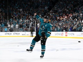 Logan Couture #39 of the San Jose Sharks celebrates after the Sharks beat the Vegas Golden Knights in overtime of Game Seven of the Western Conference First Round during the 2019 NHL Stanley Cup Playoffs at SAP Center on April 23, 2019 in San Jose, California.