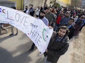 A peace march makes it's way through the University of Alberta following a memorial service to honour the victims of the mosque attacks in Christchurch, NZ., in Edmonton Friday March 29, 2019. The event was hosted by the University of Alberta Muslim Students Association. Photo by David Bloom