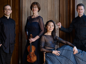 The Brentano String Quartet, from left, Mark Steinberg, Serena Canin, Nina Lee and Misha Amory, performs Sunday at Wolf Performance Hall along with soprano Dawn Upshaw. (Juergen Frank)