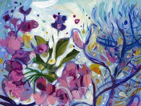 Blossoming is part of an exhibition of work by London artist Erica Dornbusch, on until Saturday at Westland Gallery, to accompany the launch of her book, Paint and Prose: A Way-Finder’s Meander.