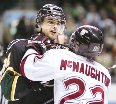 Knights vs guelph storm Tuesday night at JLC. Nazem Kadri gets an unsportsmanlike penalty after the second Knight goal after coming after Cody McNaughton of the Guelph Storm. MIKE HENSEN The London Free Press