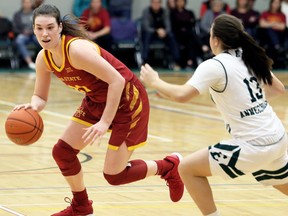 Iowa State Cyclones' Bridget Carleton (21) is guarded by Eastern Michigan Eagles' Jenna Annecchiarico (13) at St. Clair College's Thames Campus HealthPlex in Chatham, Ont., on Wednesday, Nov. 21, 2018. Mark Malone/Chatham Daily News/Postmedia Network